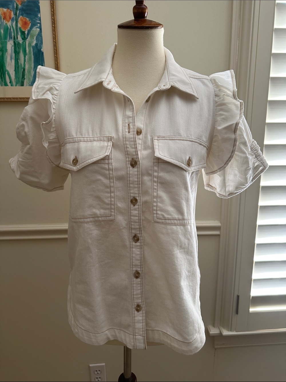 Pilcro Cream Ruffle Sleeve Button-Front Shirt